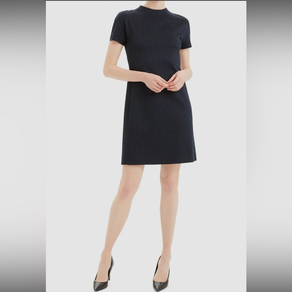 THEORY Dolman Shift Stripe Knit Navy Gray Dress Mock Neck Short Sleeves Small